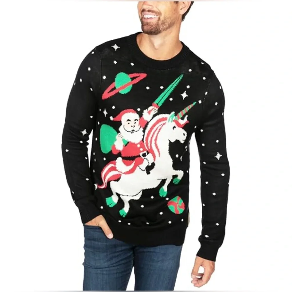 TIPSY‎ ELVES Ugly Christmas Sweater Santa Unicorn Black Long Sleeve Crew Neck XL